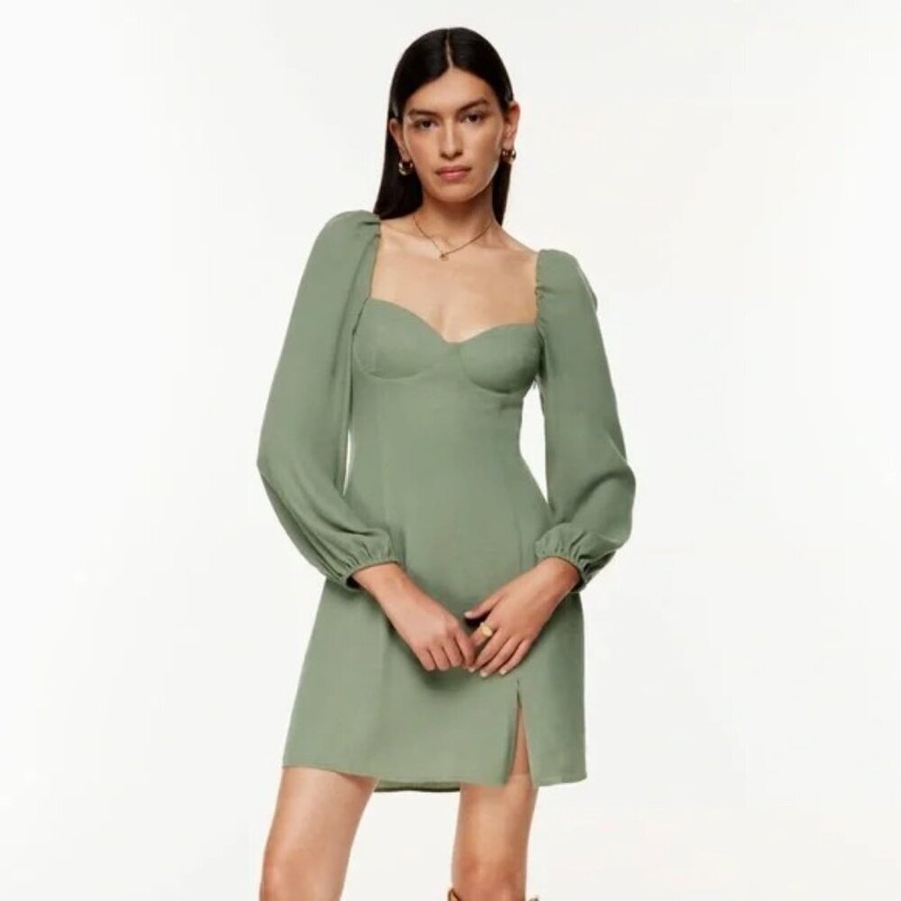 Aritzia Wilfred Novella Dress Bitter Sage Green Puff Long Sleeves Size 00